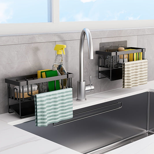 Black and white kitchen sink organizer with towel rack - includes metal sponge holder, dish soap caddy, and self-draining tray, offering versatility.