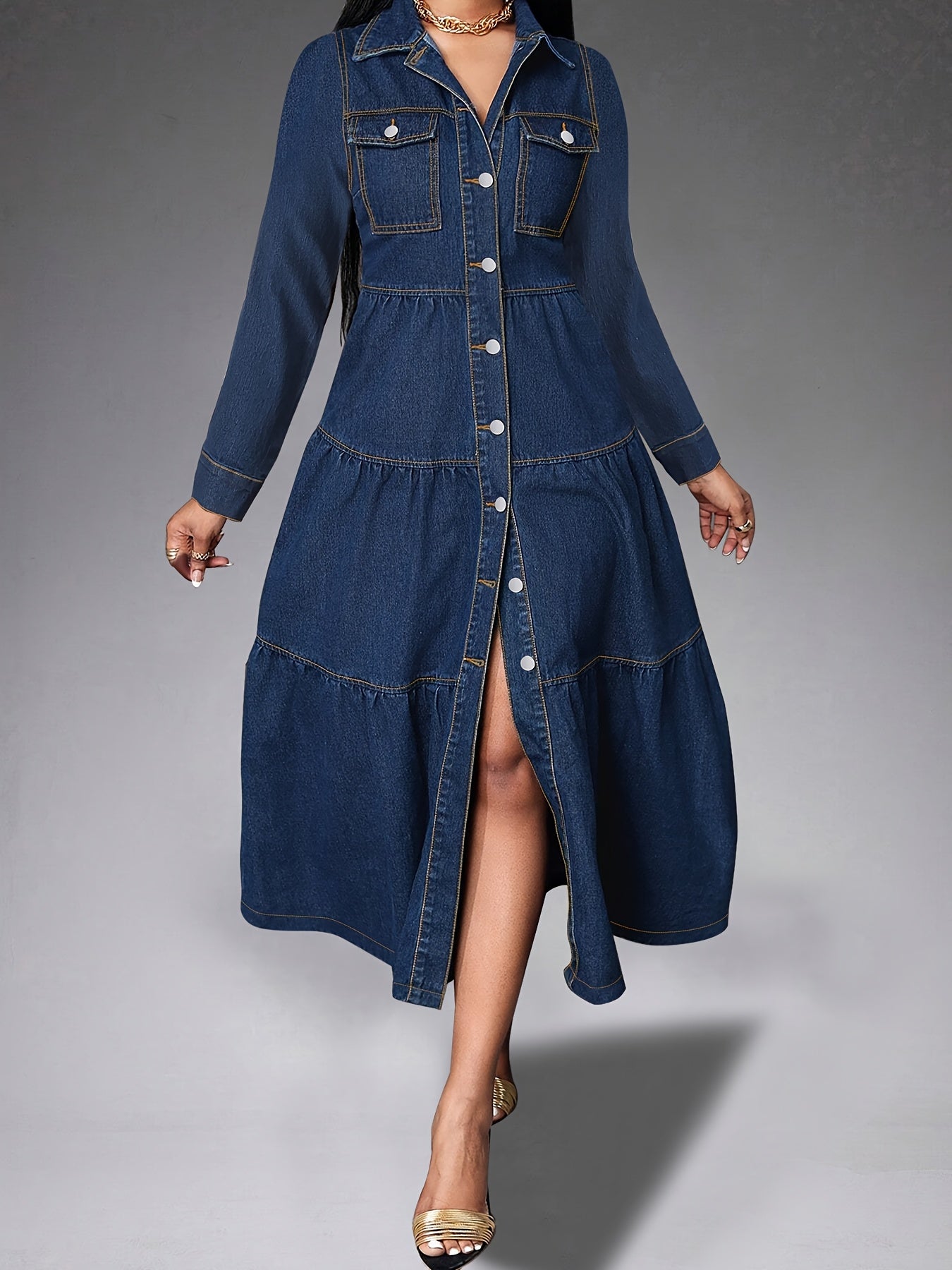 Women's denim dress with long sleeves, 65% polyester and 35% cotton, solid color for fall/winter, medium stretch, frill detail, shirting style, fabric weight 90g/m².