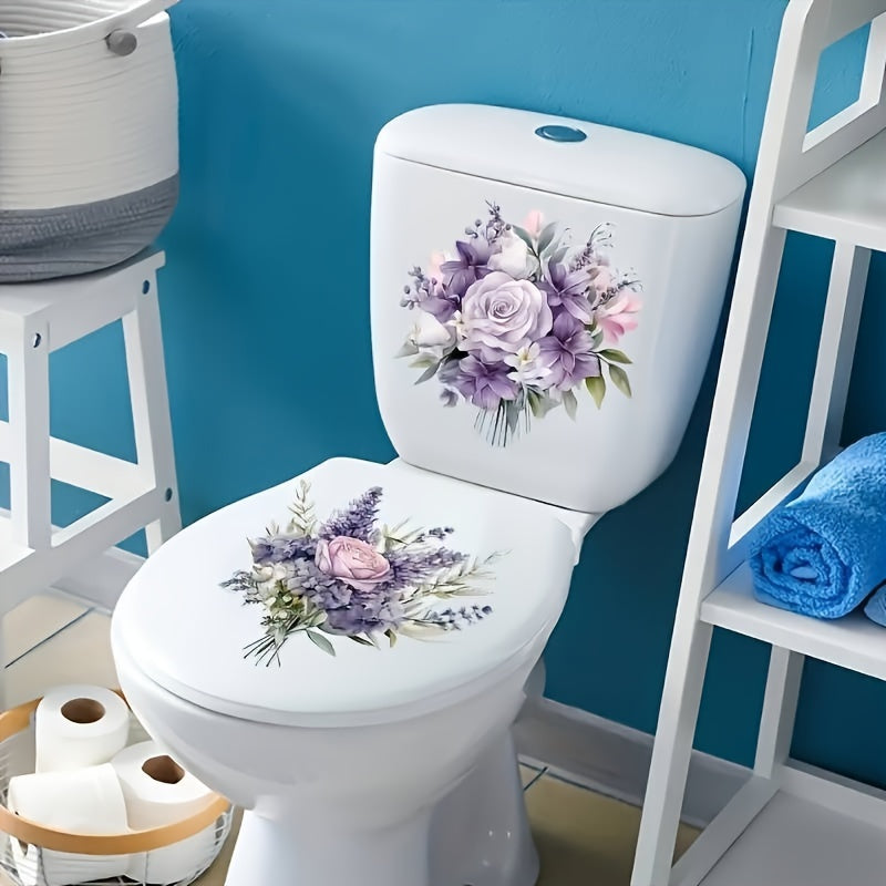 Purple floral and leaf bathroom decals for home decor, waterproof toilet lid stickers.