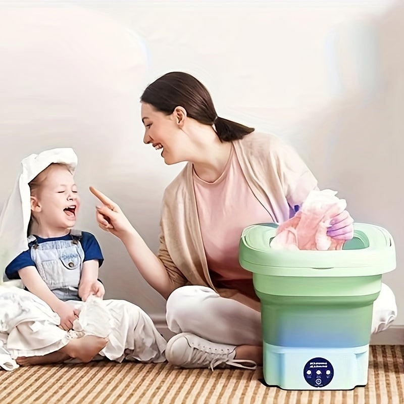 Portable 8L washing machine for travel and home use, ideal for underwear and socks. Easy-to-use touch controls, space-saving design with no battery required. Available in two colors.