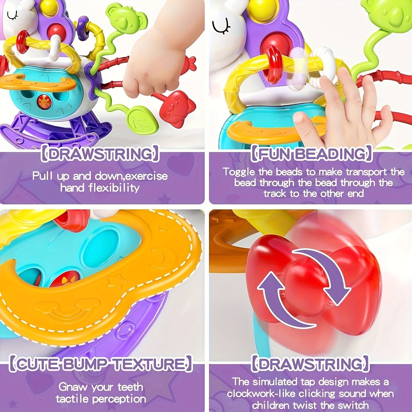 Unicorn-themed sensory toys designed for toddlers, featuring silicone pull-string activities for educational play and teething relief. Perfect birthday gifts for boys and girls ages 6, 9, 12, and 18 months.