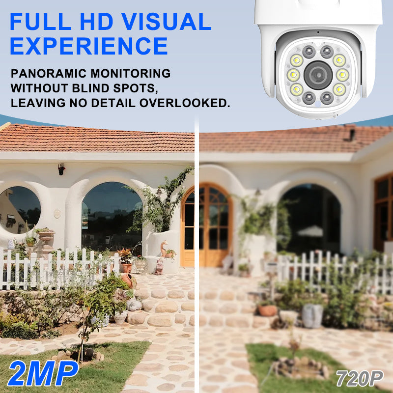 This WiFi security camera offers high-definition 1080P resolution for clear video quality. It includes color night vision, two-way audio, APP control, motion and audio alerts, a pan-tilt head, and is compatible with smartphones. Made with durable ABS