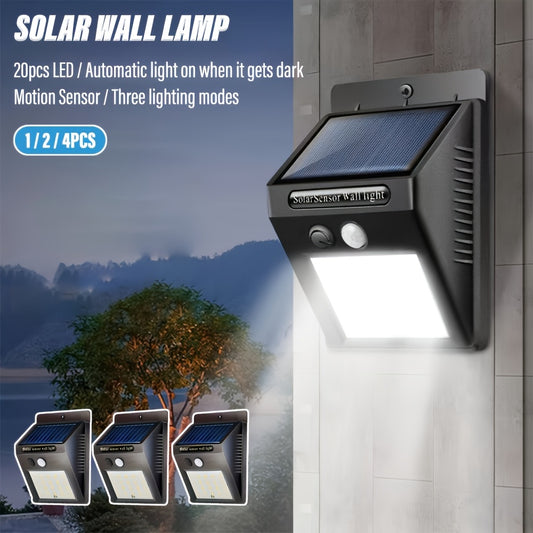 Solar wall light with motion sensor, 3 lighting modes, auto dark activation, rechargeable battery, ideal for outdoor areas.