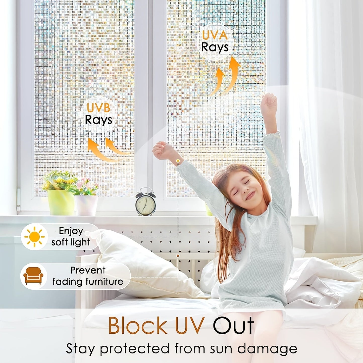 Frosted Retro Mosaic Grid Privacy Glass Film provides heat insulation with adhesive-free application. This semi-transparent film offers sun protection and can be used as window decals or stickers. Perfect for adding decoration to your bathroom or door