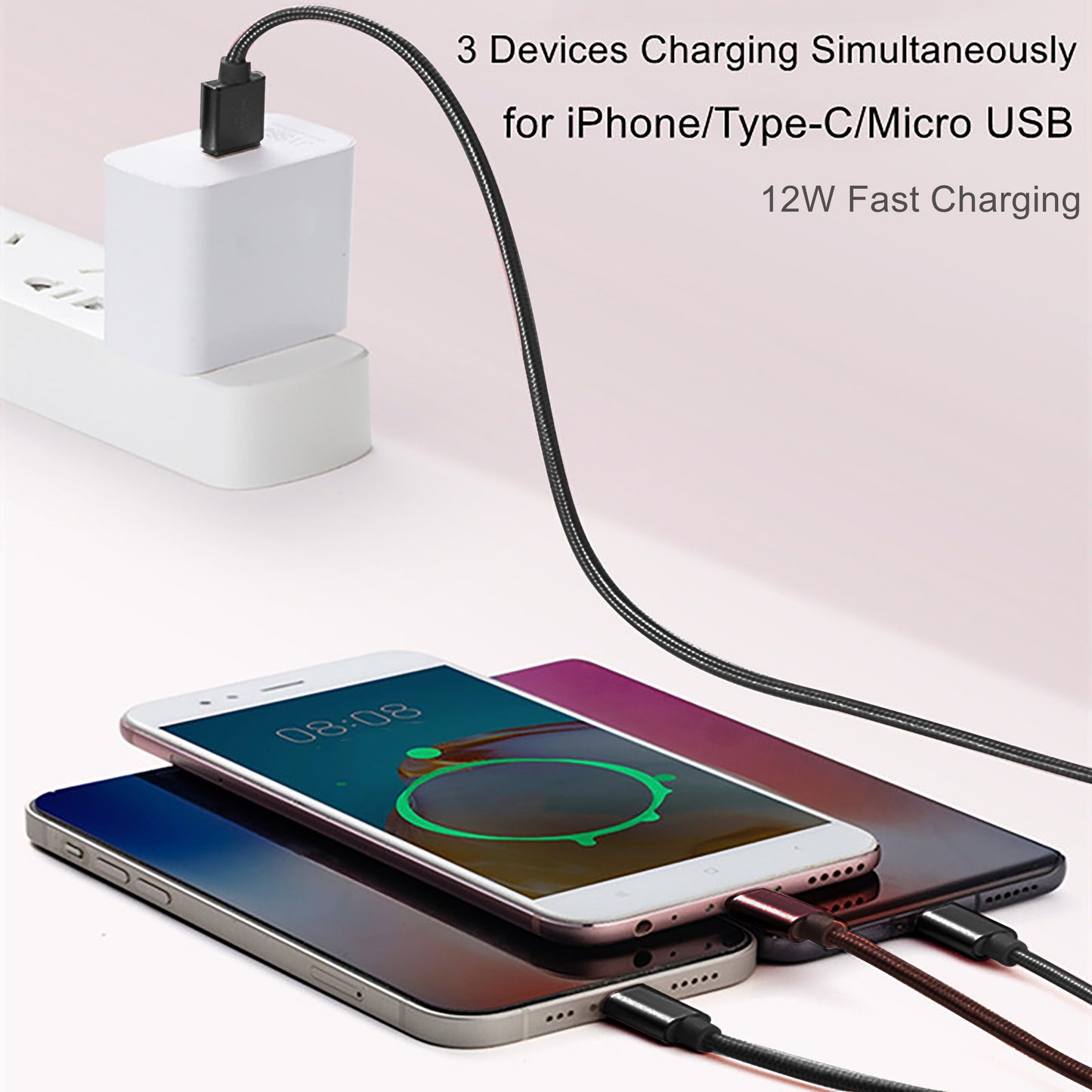 OLISHEN 3-in-1 Nylon Braided USB Charging Cable with multiple lengths (100.58cm/201.17cm/3.02meter) and fast charging capabilities for iPhone, Samsung, Xiaomi, and other devices. Can be