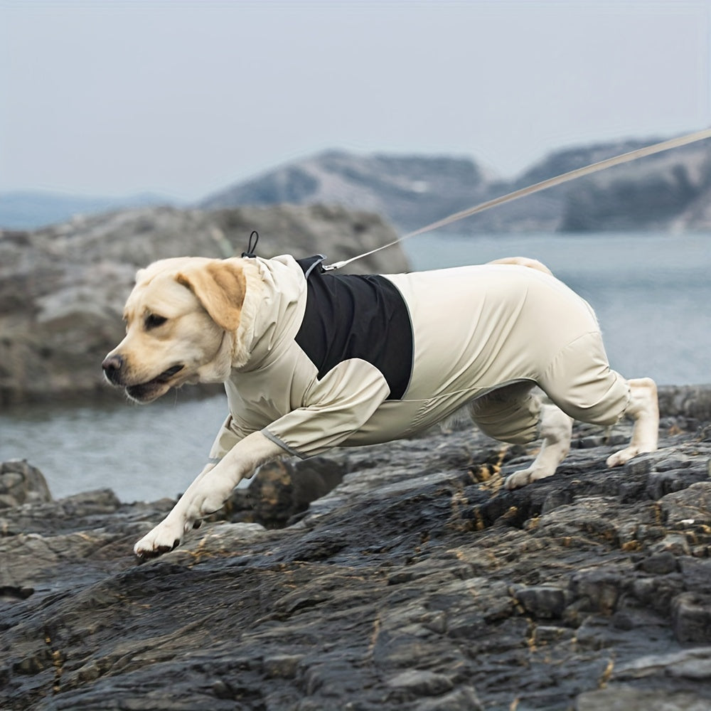 Medium to large breed dog raincoat in bright yellow. Made of durable polyester with zipper closure, ideal for Labradors, Golden Retrievers, Shiba Inus, and more.