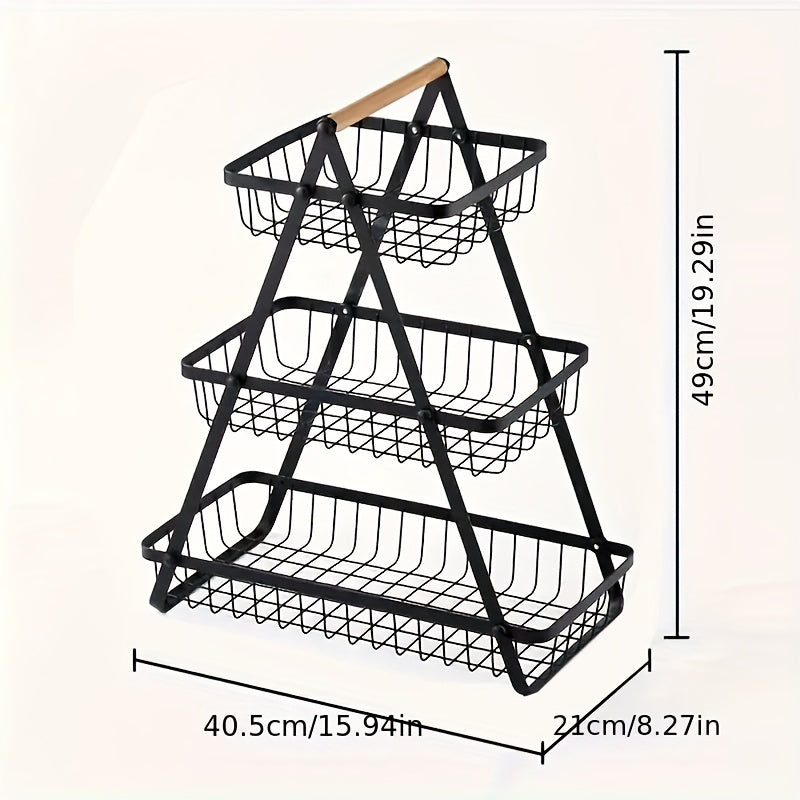 1pc 2/3tier storage basket with drain basket and removable wire basket with wooden handle for bathroom and kitchen storage