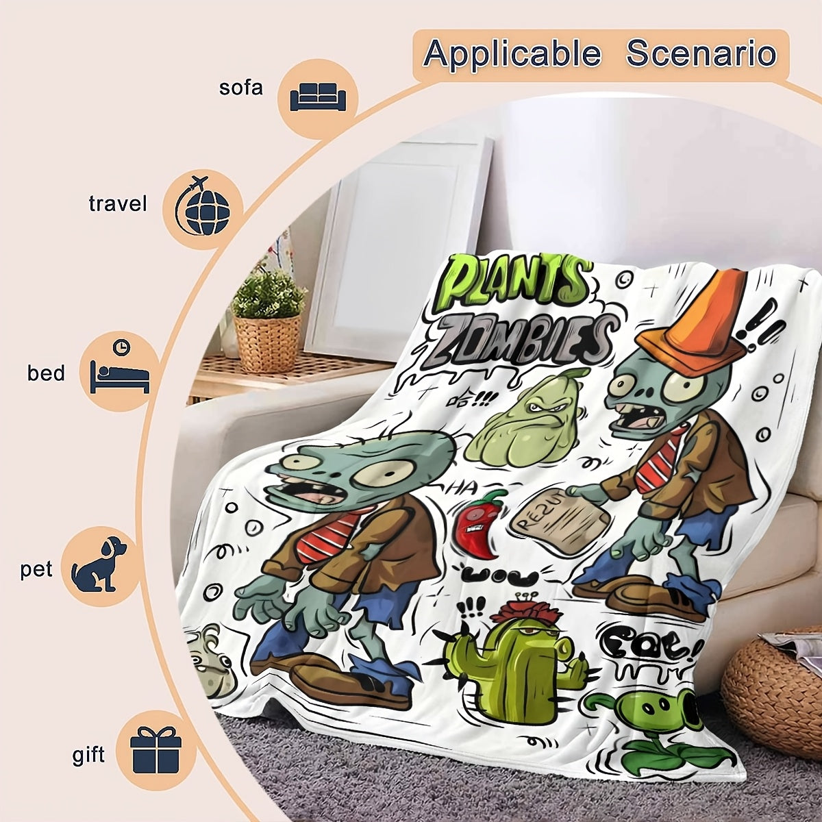 Soft, warm, and cozy flannel throw blanket featuring a versatile plant and zombie design - ideal for couches, beds, offices, and travel. Makes a perfect gift idea.