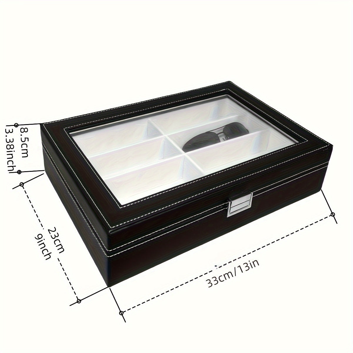 Organize your sunglasses in style with this retro PU leather eyewear display case featuring 8 slots and stitch detail. The glass lid allows you to easily see and access your sunglasses while keeping them protected. Store your glasses in this sleek and