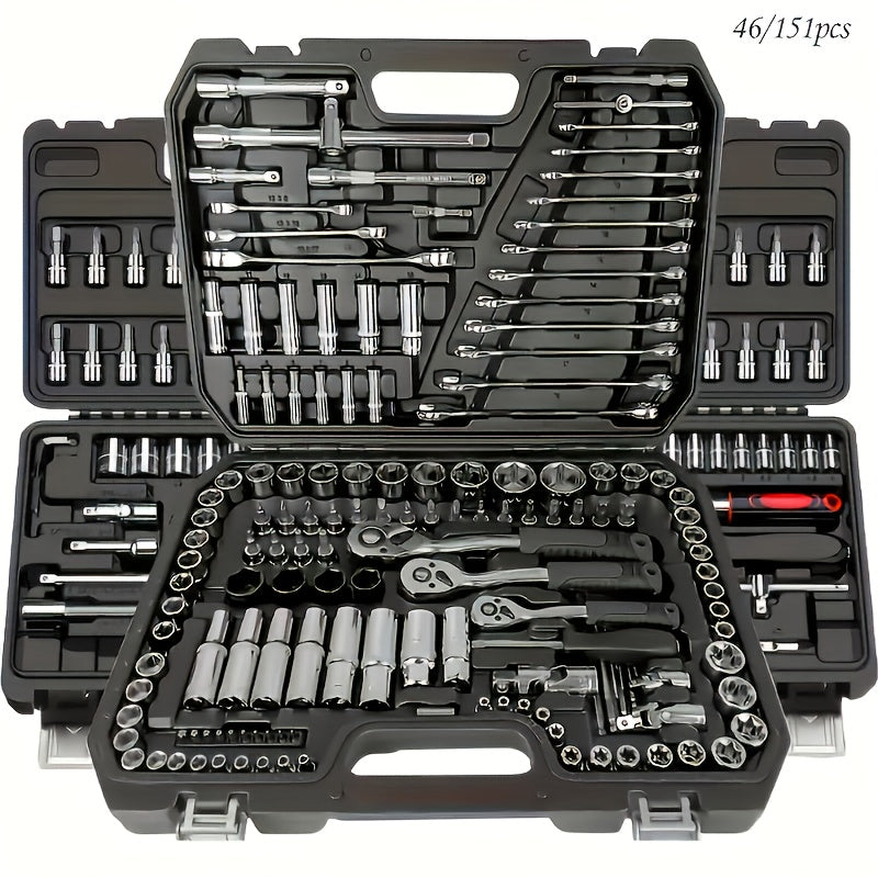 Premium automotive tool set with 3 pieces, upgrades to 46, 53, or 150 pieces. Multi-functional maintenance kit for cars, motorcycles, and industrial equipment. Home repair toolbox without