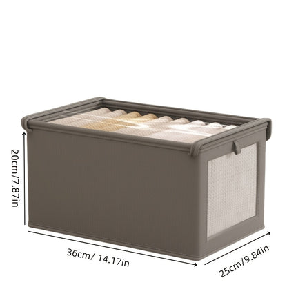 Rectangular storage box with mesh window, made from non-waterproof Oxford fabric. Ideal for organizing clothes, underwear, quilts, and blankets. Great space saver for home, bedroom, or dorm.