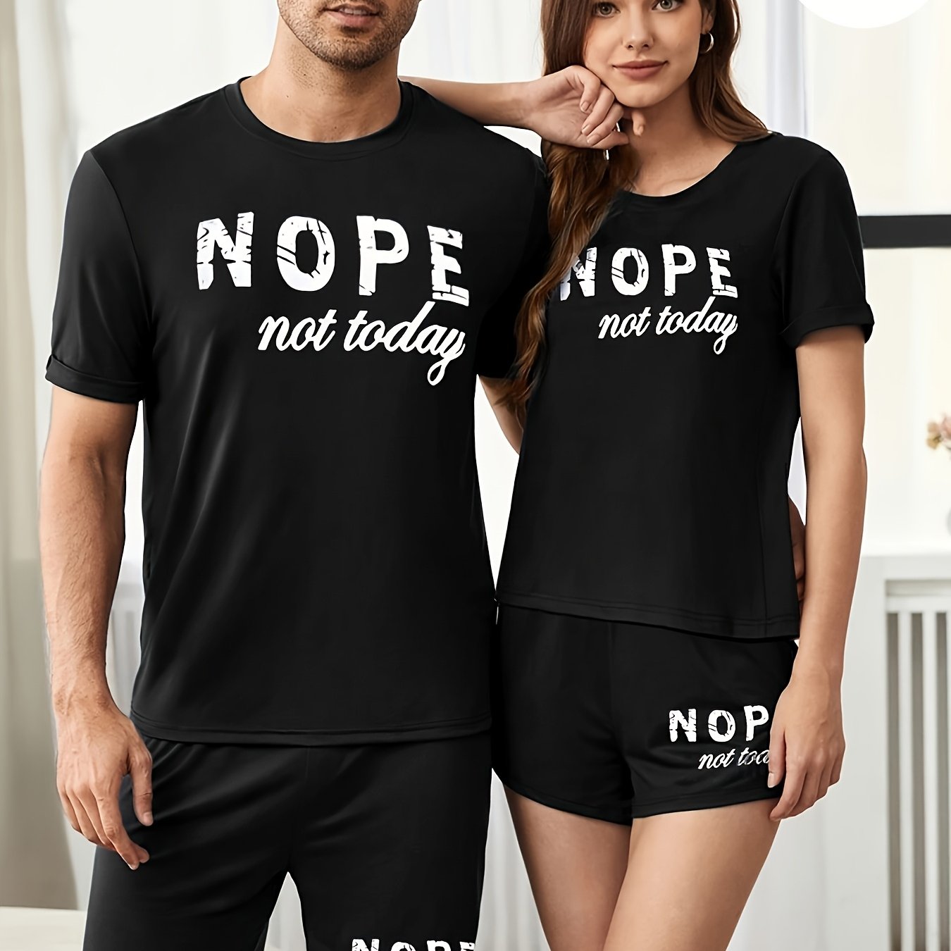 Valentine's Day pajama set with "NOPE Not Today" letter print, crew neck, knit fabric, medium stretch, all-season comfort, 95% polyester and 5% elastane.