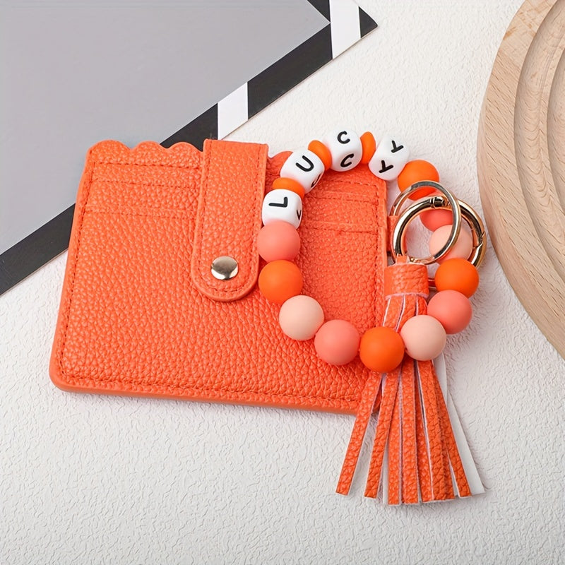 Custom PU Leather Keychain featuring Silicone Beads and Tassel - Add your Name or Initials for a Unique Touch - Great for School, Work, or Special Events