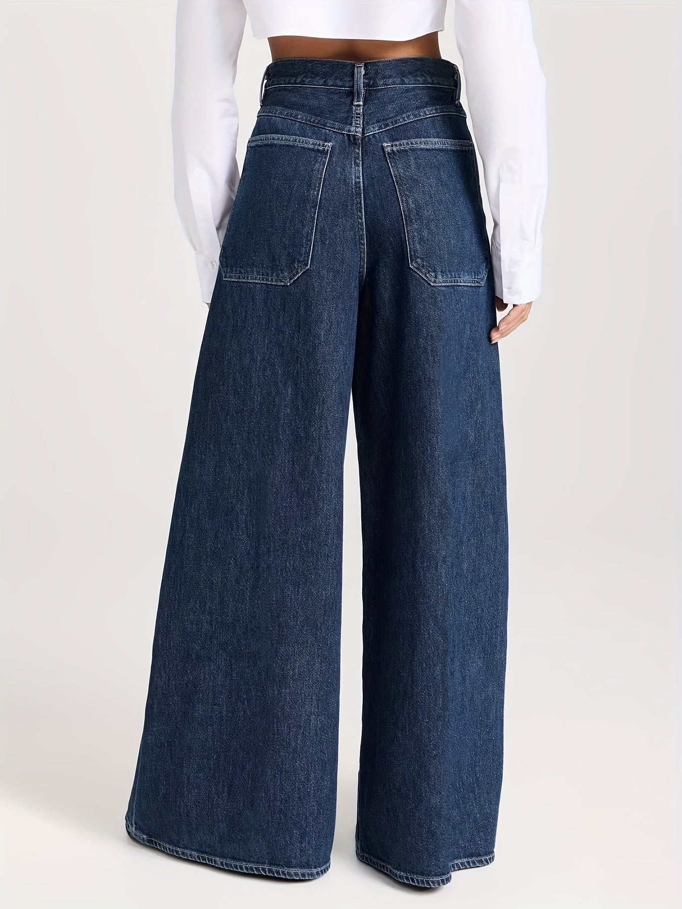 Women's casual high-waisted wide leg denim jeans with solid color, washed finish, medium stretch fabric, suitable for four seasons, and woven material.