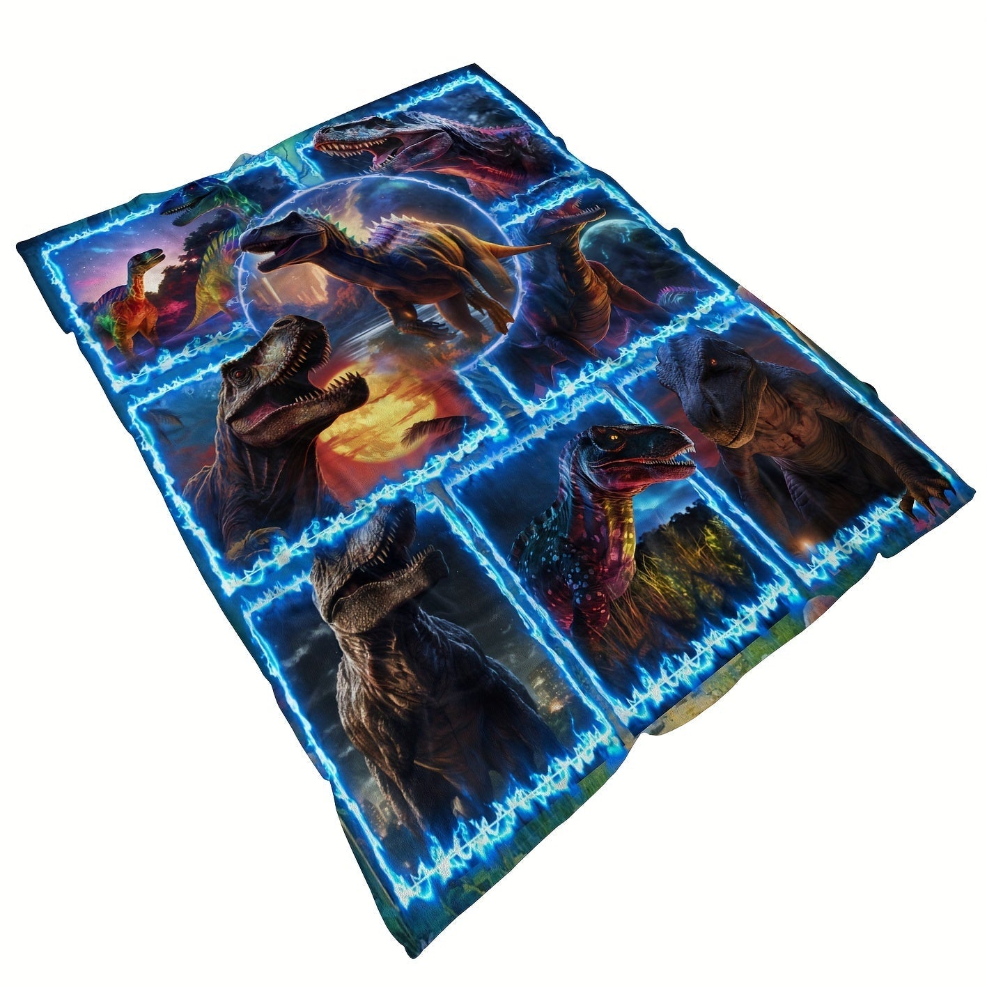 This 3D Dinosaur Blue Flame Patchwork Printed Blanket is perfect for adding comfort and style to your sofa, bed, living room, office, travel, camping, or bed. Made with soft and warm flannel material, this digital printed blanket is a great gift for