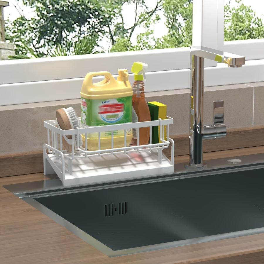 Set of organizer caddy for kitchen sink with towel bar, drip tray, and faucet drainer. Plastic sink storage rack for sponges and scrubbers. Hanging holder with towel rack, non-electric. 1 set included.