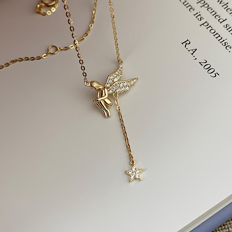 Sterling silver necklace with elf design, featuring a tassel and star pendant. This fashionable and minimalist clavicle chain is perfect for women who appreciate elegant French style. Inspired by celestial symbols, this piece adds a touch of charm to any