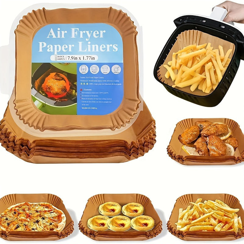 Square Air Fryer Liners - 50/100 Pieces, Multi-Layered, Safe for Microwave & Oven, Ideal for Baking and Cooking