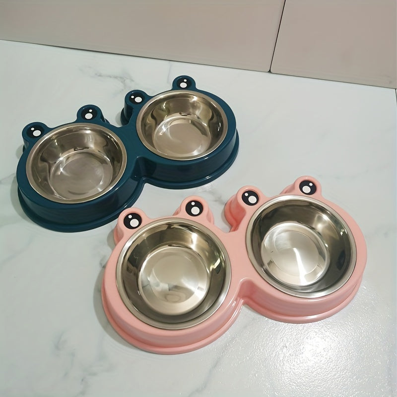 Stainless steel double bowl for small dogs and cats with pet frog design.