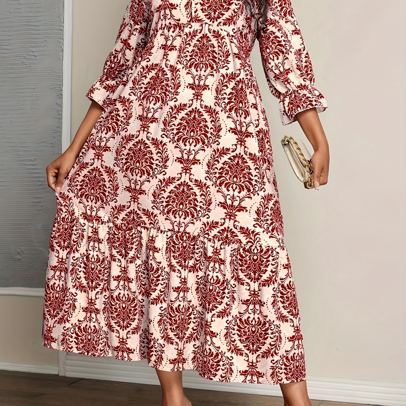 Ethnic Print Loose Longline Dress with Tie Neck for Plus Size Women in Spring & Fall