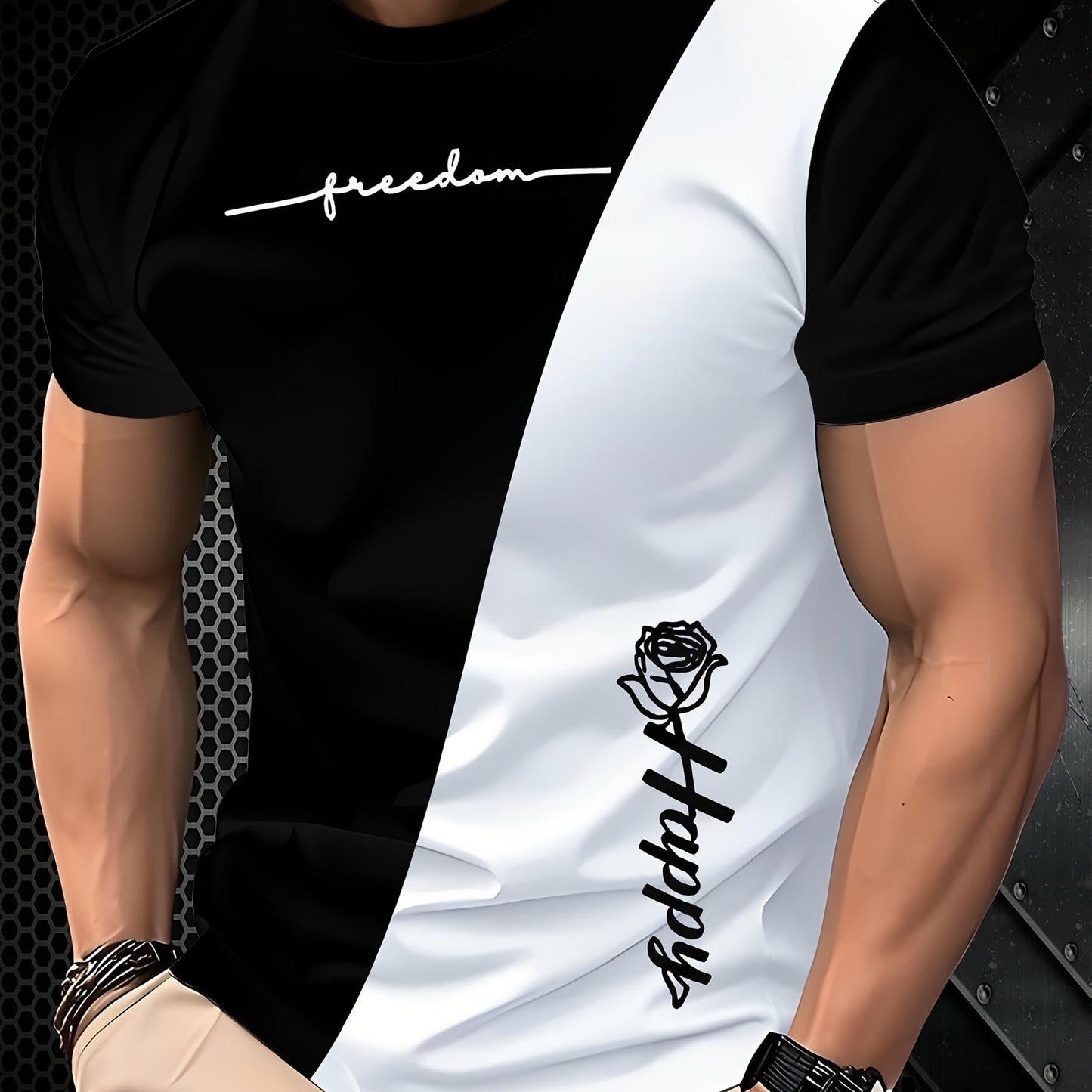 Men's Rose Print Color Blocked Tee - Perfect gift for casual style.