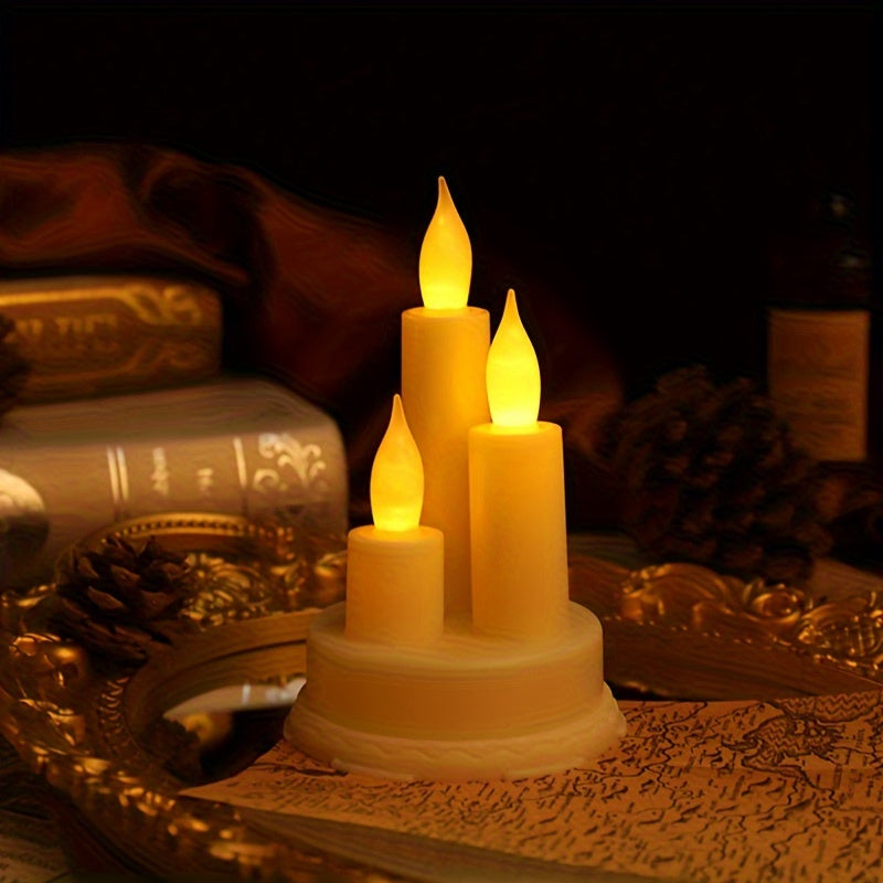 3 flameless gold electronic candles for Halloween, Christmas, parties, camping, weddings, and home decor.