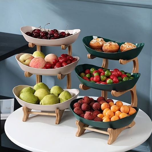 Two-tier/three-tier kitchen fruit basket with European-style design, made of bamboo wood for storing snacks and candies.