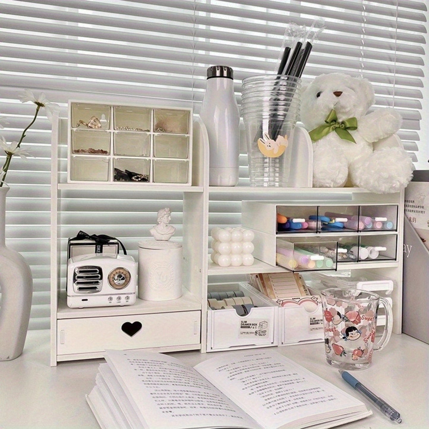 Wooden desk organizer with drawers for storage of books, stationery, and supplies. Ideal for office, school, or bedroom use.