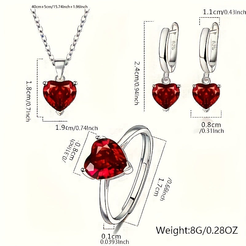 Set of four Heart-Shaped Cubic Zirconia Jewelry Pieces, Stylish and Elegant 925 Silver Plated Copper, Includes Romantic Necklace, Ring, and Earrings, Featuring Synthetic Zirconia, Perfect for Anniversary, Wedding, or Valentine's Day - Suitable for All