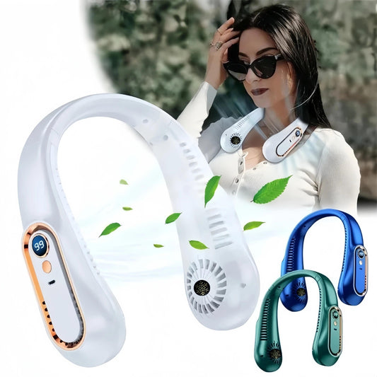 Ideal for outdoor activities, the Portable Bladeless Neck Fan with LED Display is USB rechargeable and features 5-speed adjustable air cooling. Perfect for sports, camping, beach trips, and travel, it makes for an ideal summer gift.