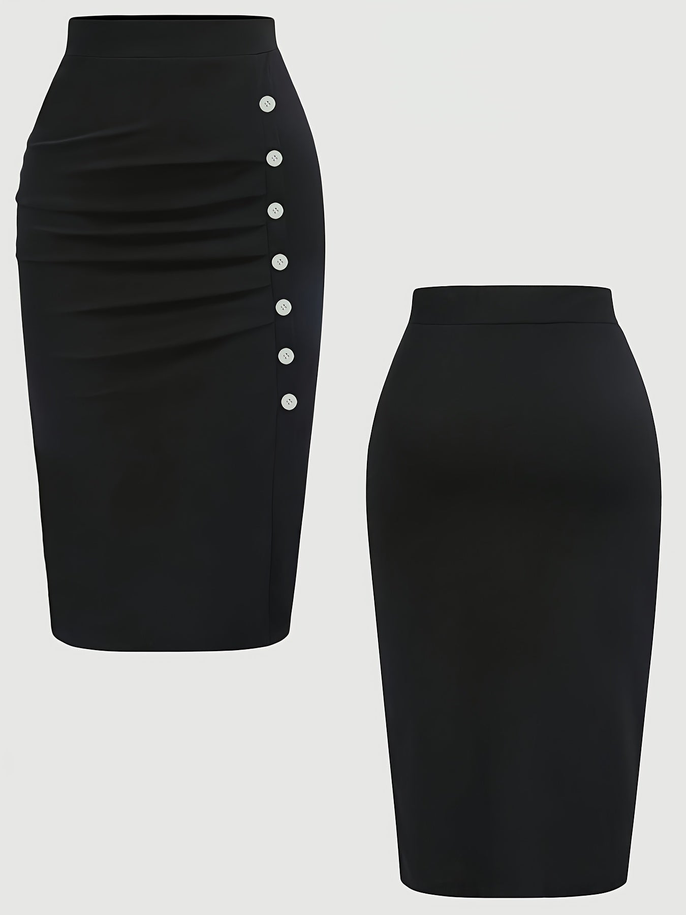 Black pencil skirt for plus size women with ruched detail and decorative buttons, high waist, made of polyester, machine washable