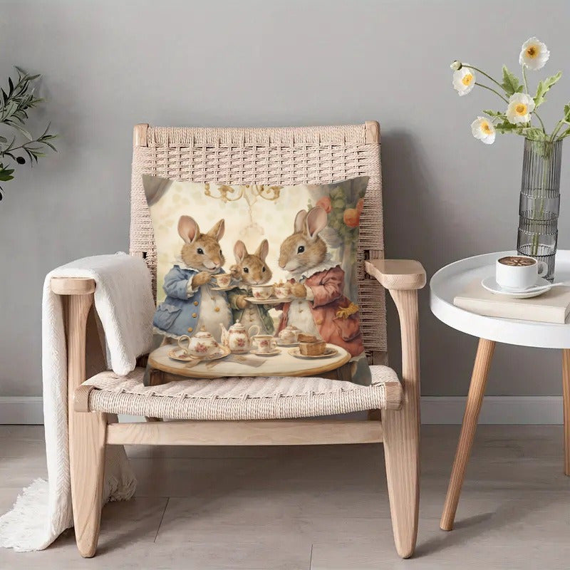 Vintage-style cute bunny floral pillow cover with rabbit tea party design in pastel colors, 45.72x45.72cm, made of polyester. Ideal for Easter decor and can be used in living room, bedroom, dorm, or car. No insert included. Cute pillows from Whimsical