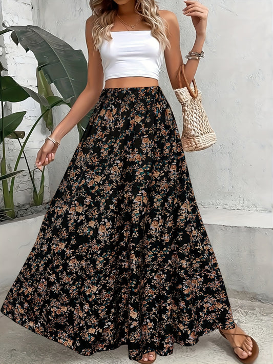 Bohemian style long skirt with small floral design and elastic waist.