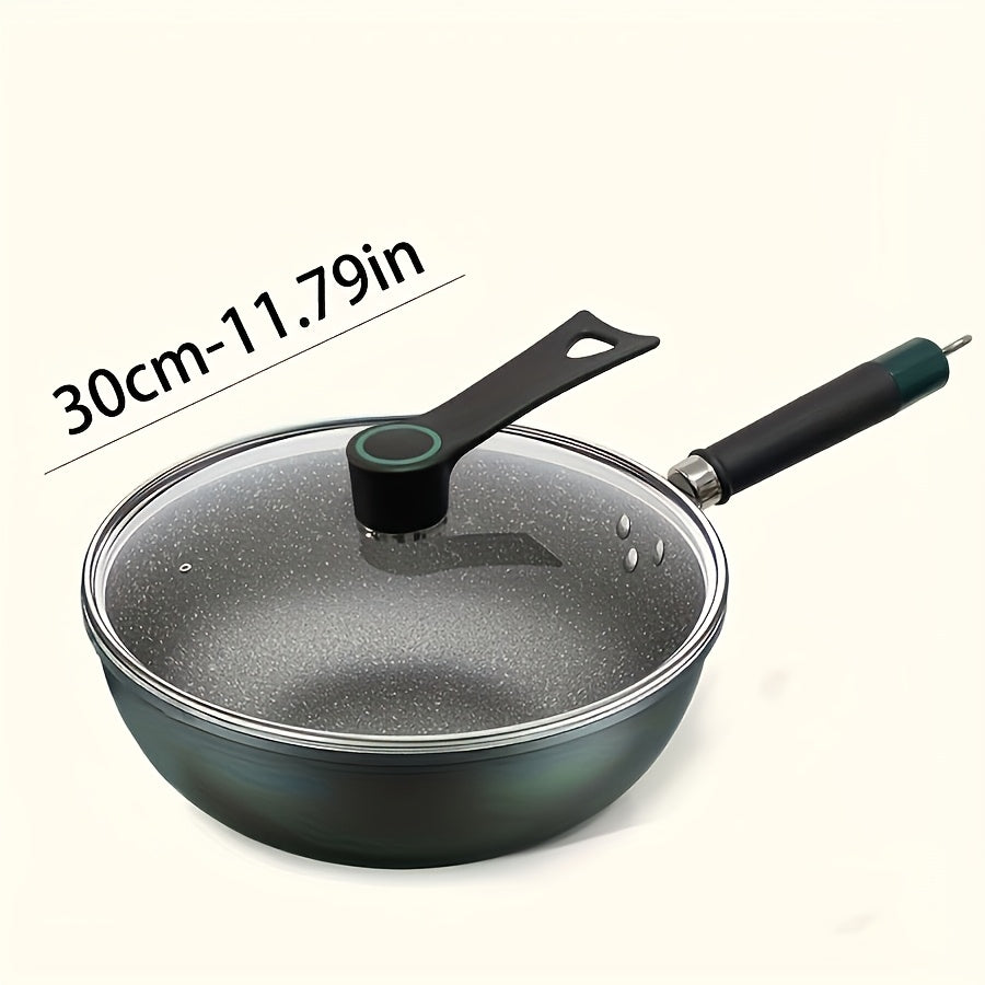 The Emerald Green Non-Stick Cast Iron Skillet comes with an optional Tempered Glass Lid. It is versatile for frying, stirring, and stewing and is compatible with all stovetops. This skillet is easy to clean and can be used on stone pots, outdoor BBQs