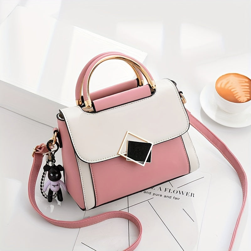 Chic color contrast handbag with lock detail perfect for women.