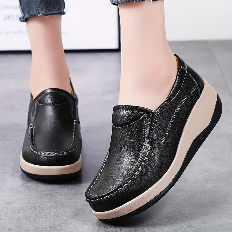 Quanzhou Genuine Faux Leather Platform Loafers for Women - Lightweight Slip-on Fashion Sneakers with Round Toe, Soft PU Sole, Mid Top Design, Comfort Insole, All-Season Shoes