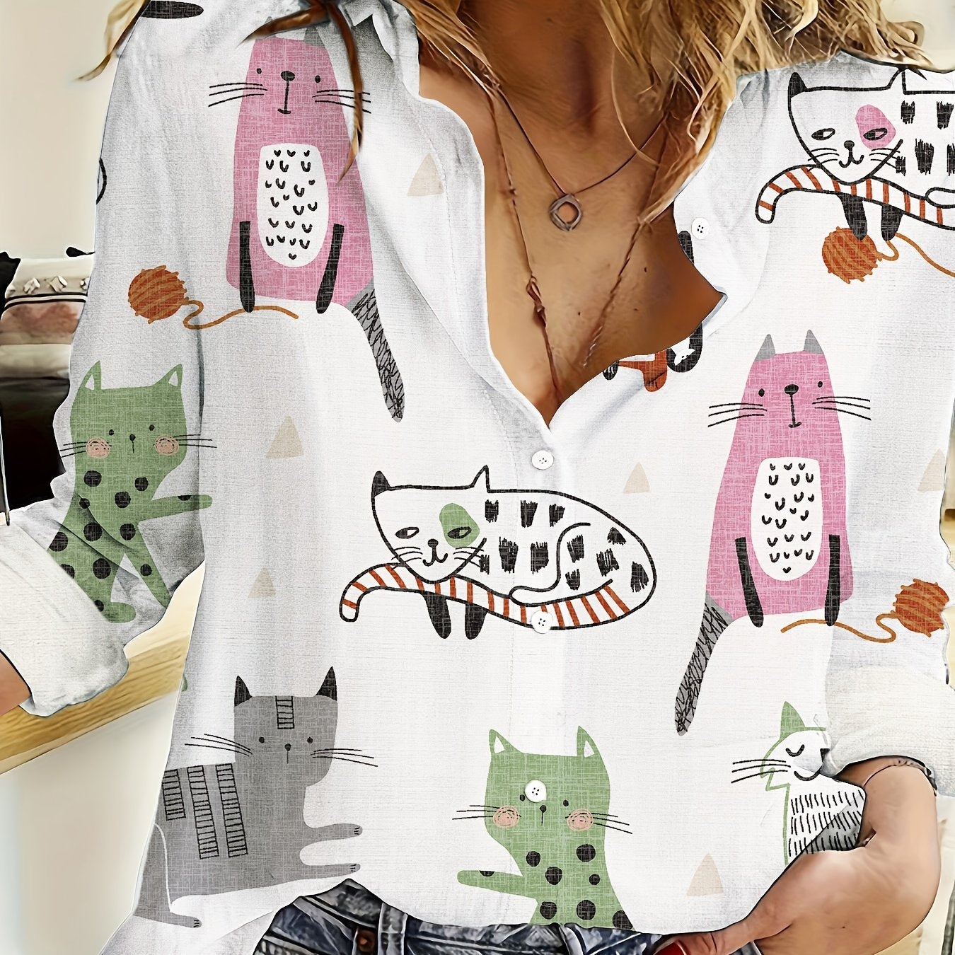 Spring and summer women's fashion long-sleeve casual shirt featuring cat and fish print.