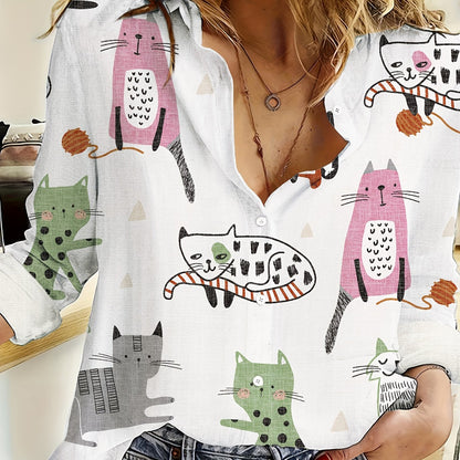 Spring and summer women's fashion long-sleeve casual shirt featuring cat and fish print.