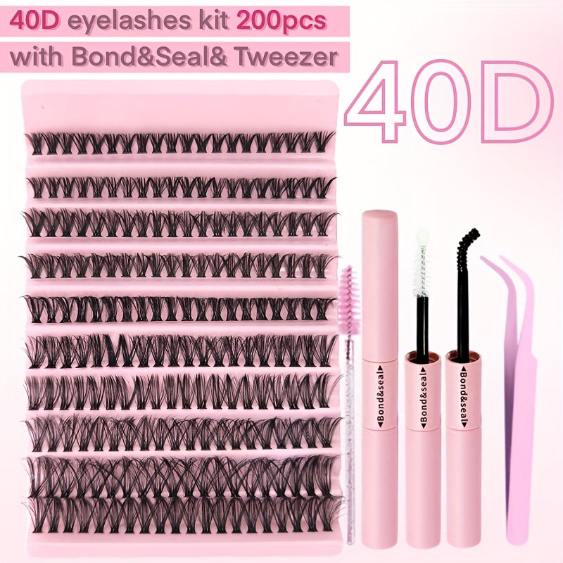 Luxurious DIY eyelash extension kit with 30P, 40P, and 80P lashes, featuring ultra-fine 0.07mm lash clusters in C and D curls (8-16mm). Suitable for beginners with lightweight 3D Russian