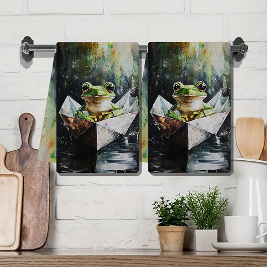 Set of 2 Kitchen Towels featuring adorable Frog Origami Art in Asian Style, Ultra Soft and Highly Absorbent, perfect for Holiday Decor, Machine Washable, Size 16x24 Inch - SKU: 2KYSYS1218261