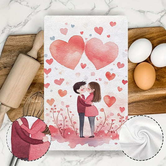 Set of 2 Ultra Soft Valentine's Day Kitchen Towels featuring Romantic Embrace Design, with High Absorbency and Machine Washable Material. Measures 40.64x60.96 cm, Ideal for Holiday Decoration and Kitchen Use