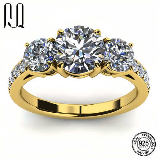 Elegantly designed, this stunning 3-stone Moissanite engagement ring is crafted from 925 Sterling Silver and is 18K Golden Plated. The centerpiece features a dazzling 3.6 Carat D-Color Round-Cut Moissanite, complemented by 0.24 Carat Side Stones. This