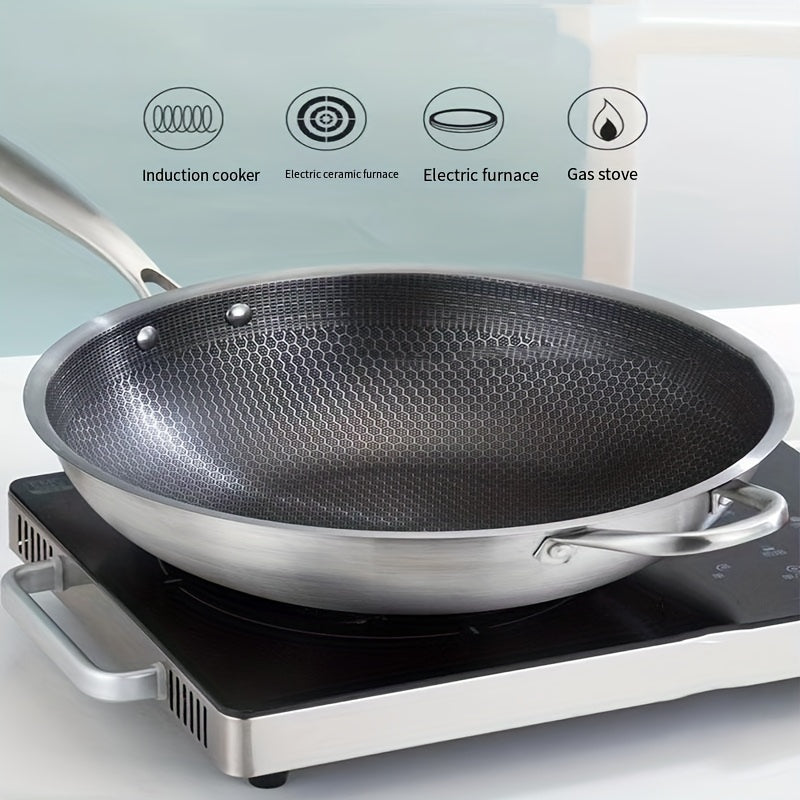 1-piece Stainless Steel Skillet with Lid featuring a thick honeycomb non-stick surface, perfect for cooking steak, eggs, and stir-fry dishes. This versatile pan is compatible with both induction and gas stoves, but should be hand washed for best results.