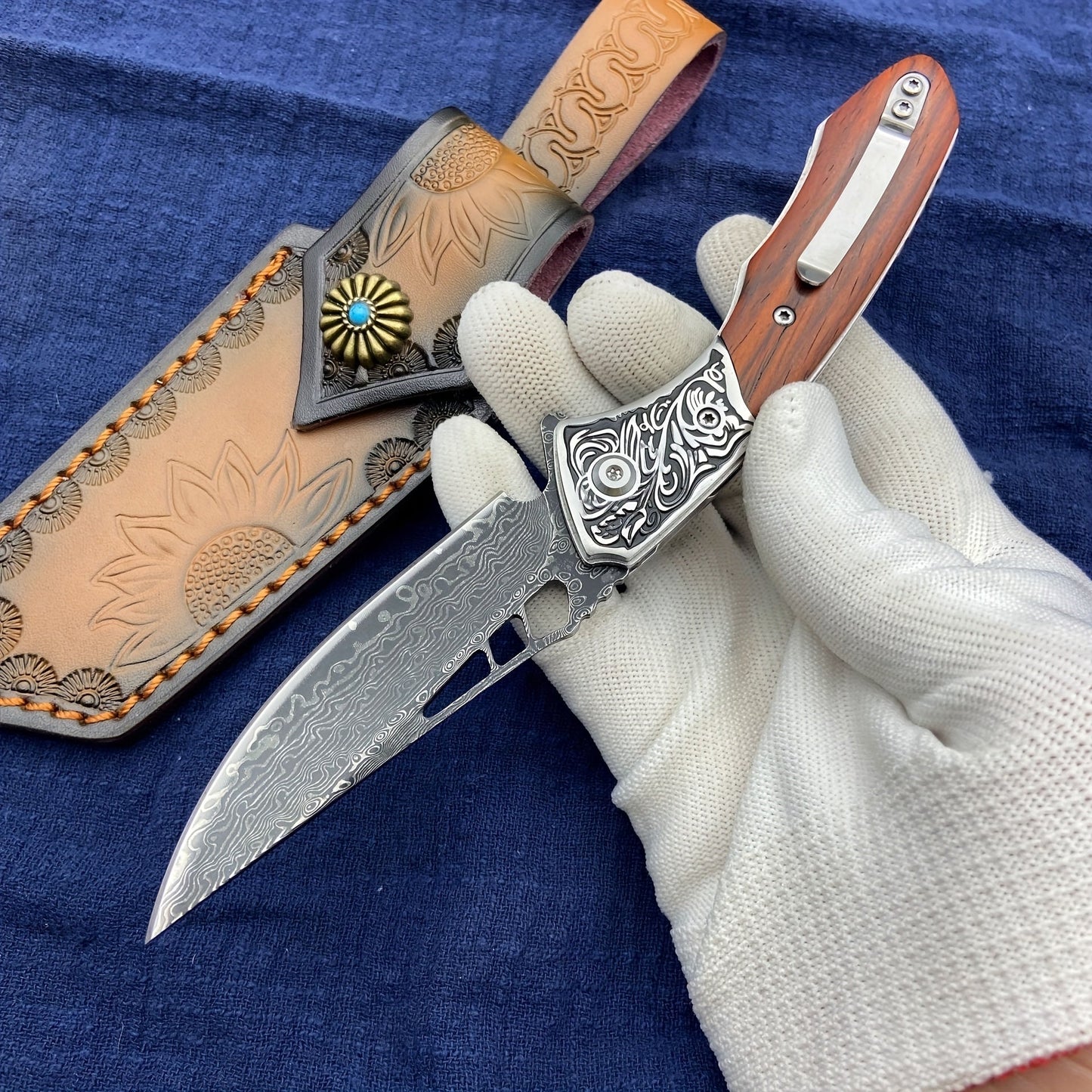 Leather Sheath for Damascus Folding Knife, Beautiful Sunflower Print Design with Convenient Carrying Rope for Easy Transportation