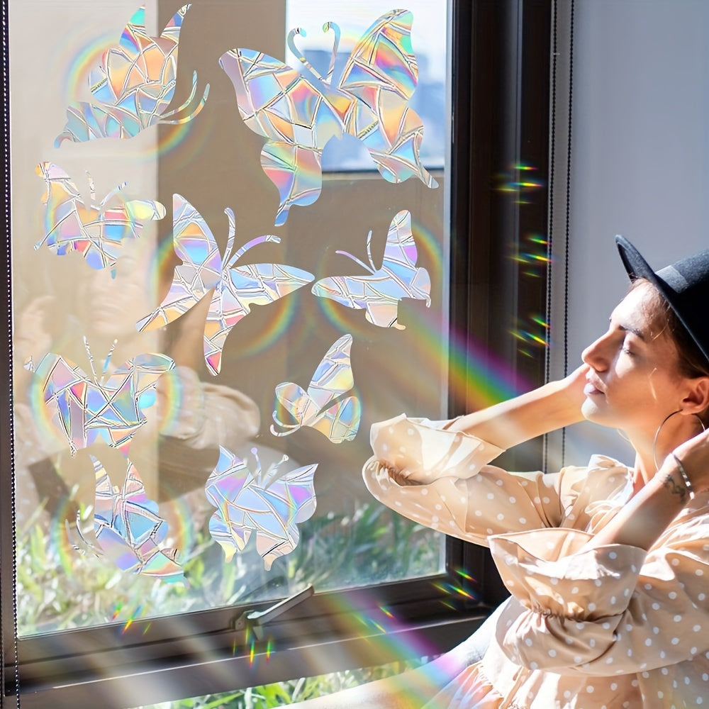 Window clings featuring classic stripes and butterfly design. Made with 2mil thickness for durability. Ideal for single use and easy static adsorption on glass surfaces. Perfect for decorating sun catchers, bedroom balcony doors, and windows.