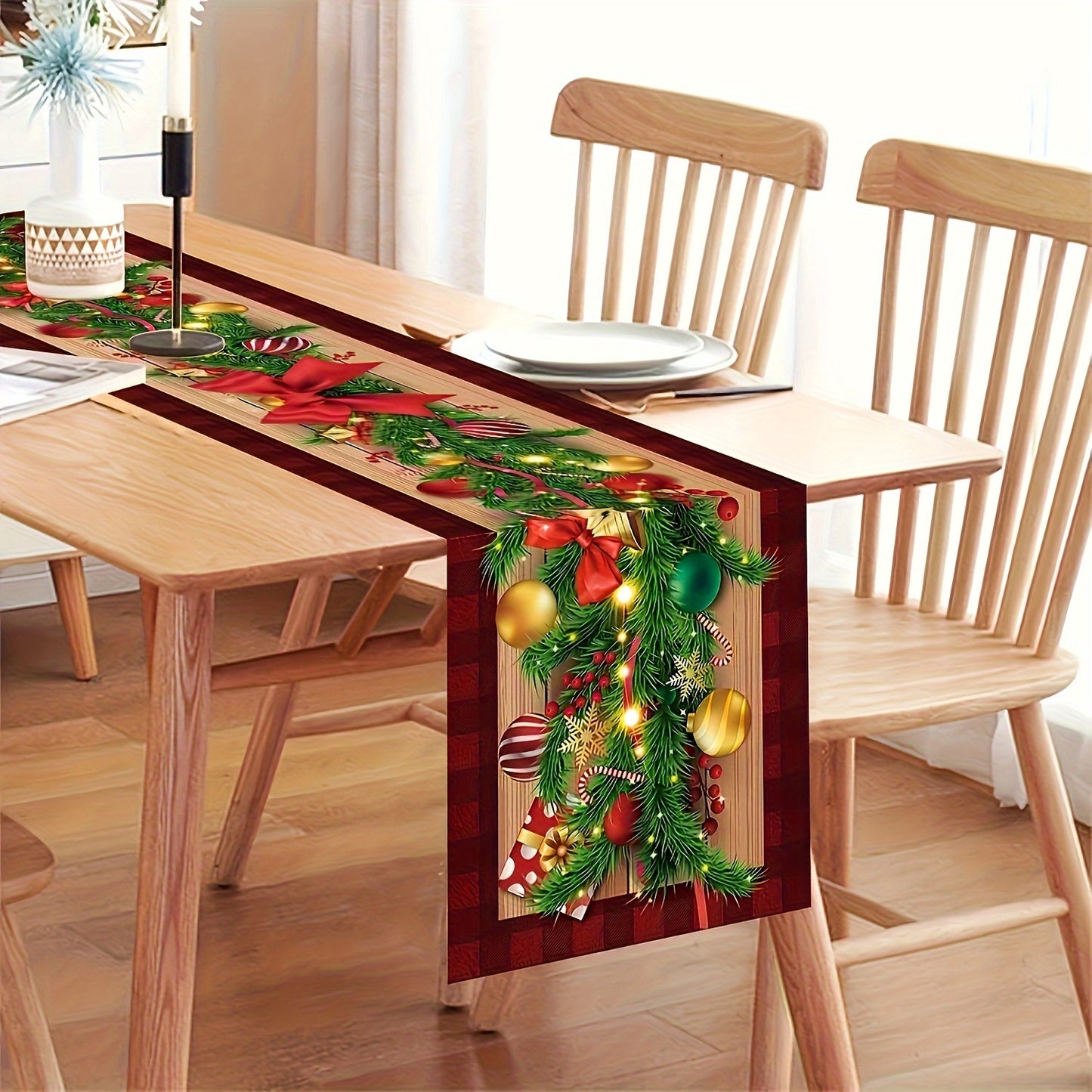 1pc Linen Table Runner featuring a Merry Christmas Ball Buffalo Plaid Pattern, perfect for adding a festive touch to your home decor or as a holiday gift.