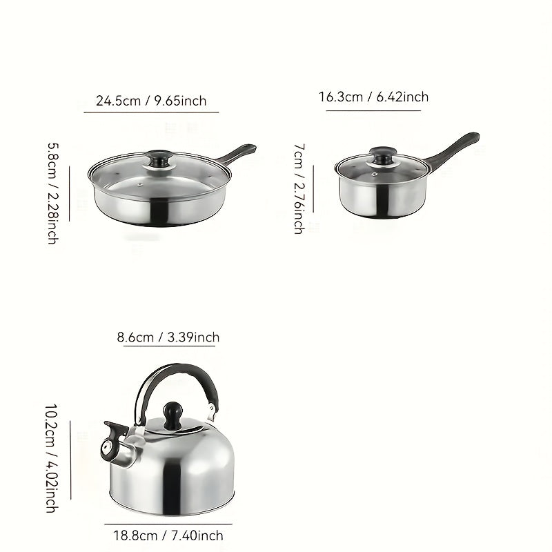 Stainless Steel Cookware Set - Includes 12pcs of Versatile, Long-lasting, and Easy-to-Clean Kitchen Pots and Pans with Lids. Set comprises of Saucepan, Frying Pan, Milk Pot, and Kettle, perfect for Home and Restaurant Cooking Needs.