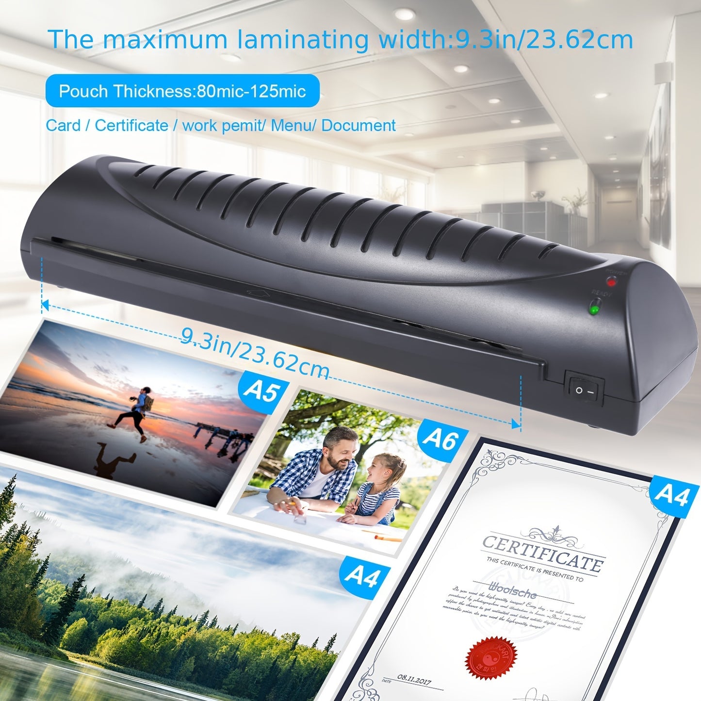 Woolsche A4 Laminator seals photos and documents quickly, ideal for home and small business use. It has a sleek black design and is easy to operate.