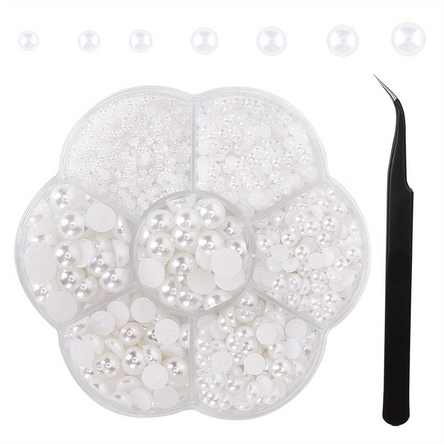 Crafters can get their hands on 3600 pieces of white half round resin pearls for various creative uses. These flat bottom pearls are perfect for nail art, makeup, and jewelry making. The set comes with multiple sizes ranging from 3mm to 9mm, along with