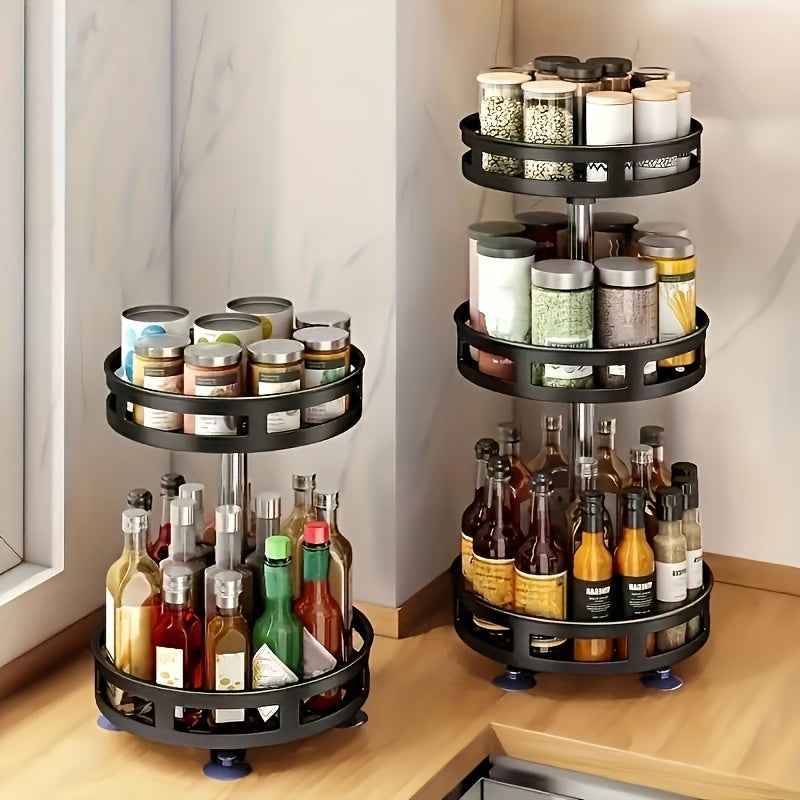 Metal spice rack with storage containers for seasonings, oils, and vinegar, with single, double, or triple layer options and 360-degree rotation.